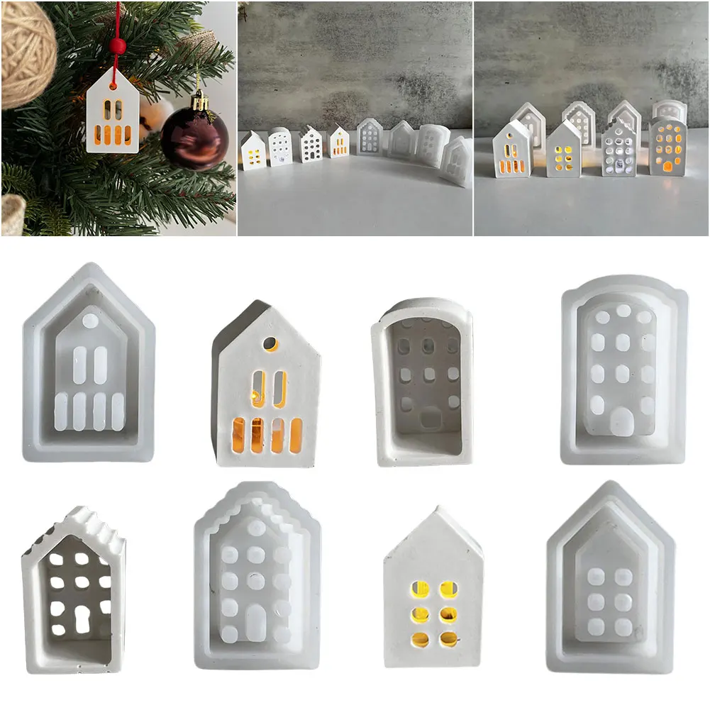 4pcs House Candle Holder Silicone Mold Aroma Soap Mold Tealight Holder Mold Houses Candlestick Ornament Plaster Molds Home Decor