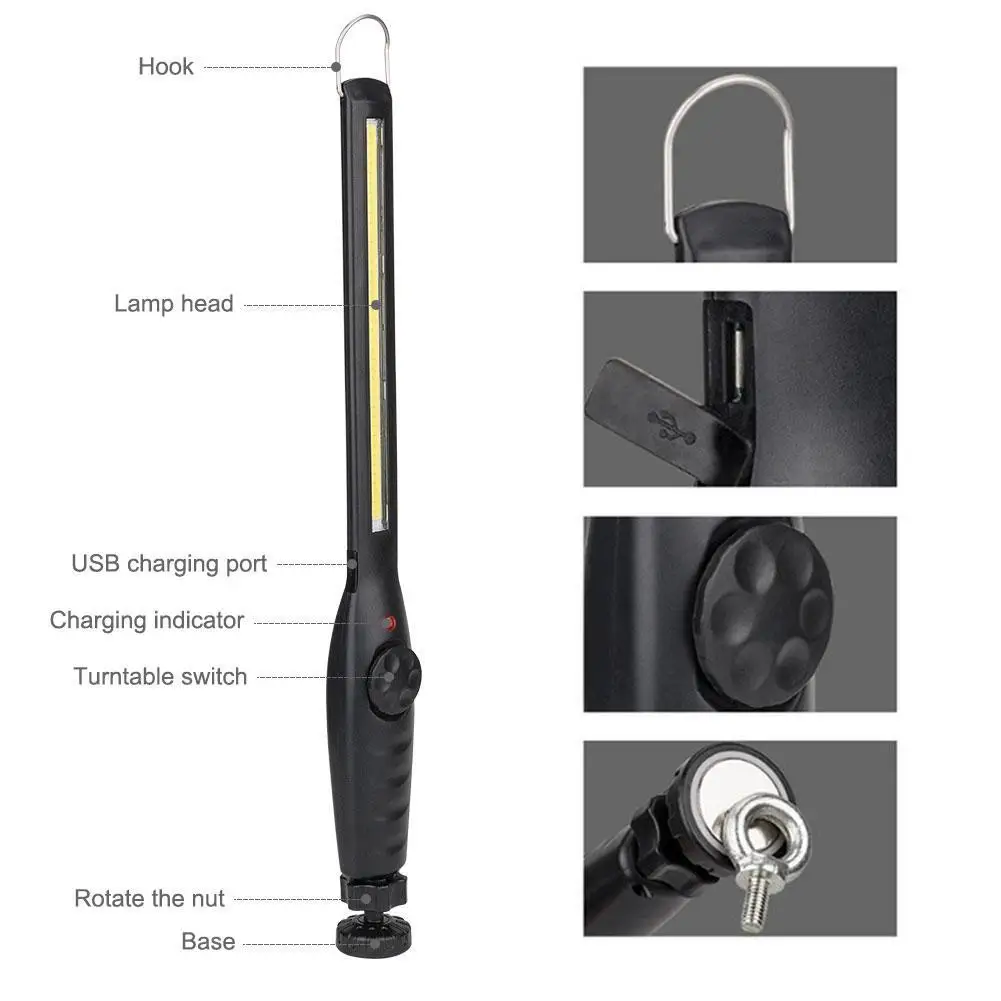 Protable Spotlight COB LED Work Light Mechanic Inspection Torch Flashlight USB Rechargeable Outdoor Lamp Black Color
