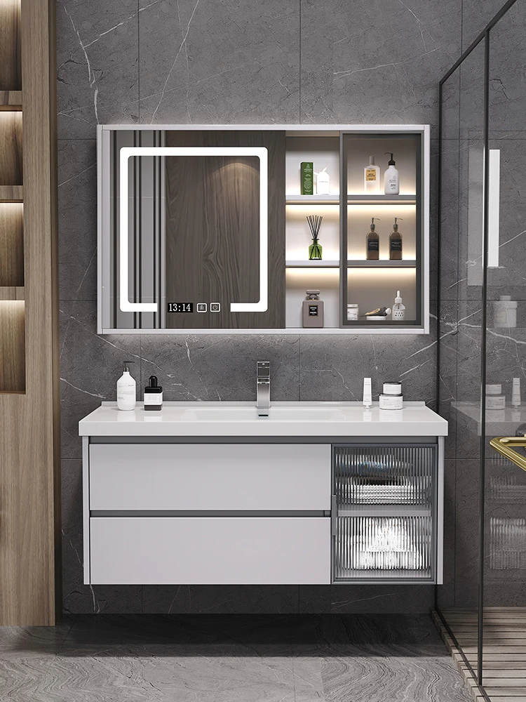 Light luxury solid wood smart bathroom cabinet combination bathroom washbasin ceramic integrated basin