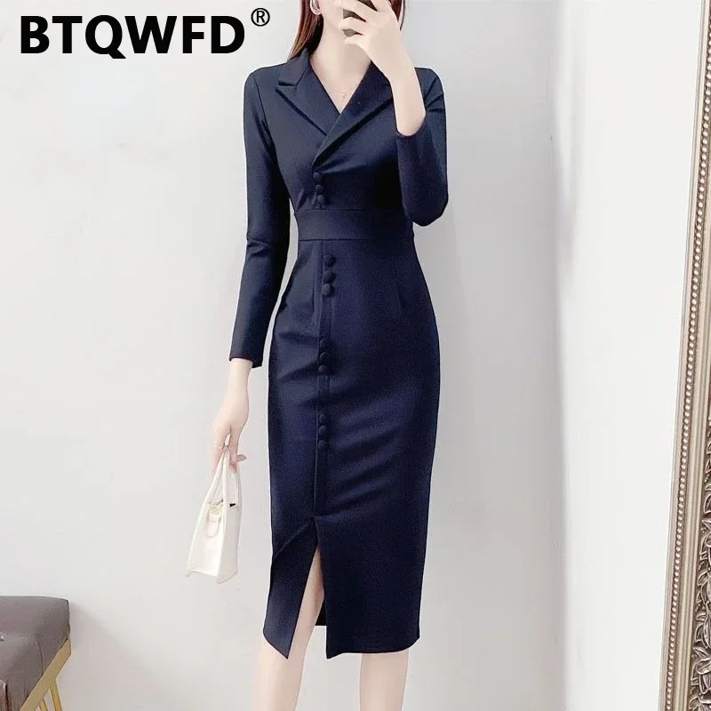 

BTQWFD Dress Women's Party Evening Female Clothing Spring Autumn Long Sleeve Soild Color Slim 2023 Korean Fashion Streetwear