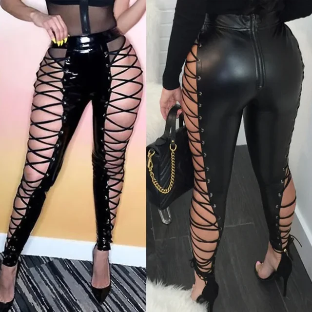 MLSJSHIQI Lace Up PU Leather Pants