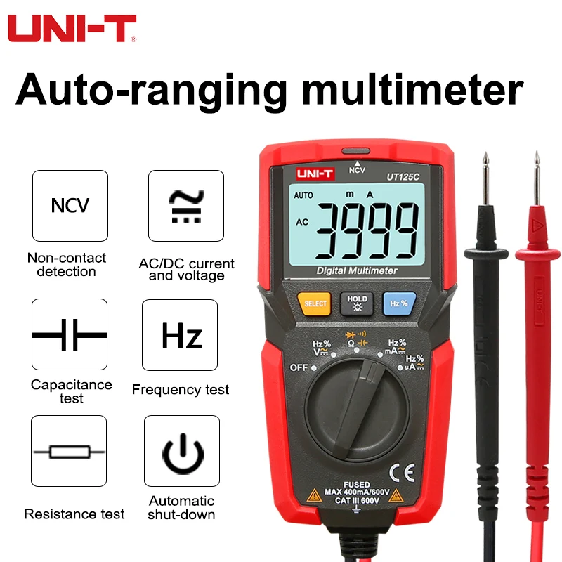 

UNI-T Pocket Multimeter 600V DC/AC Voltmeter 400mA DC/AC Current Overload Protection Capacitance Resistance Frequency NCV Tester