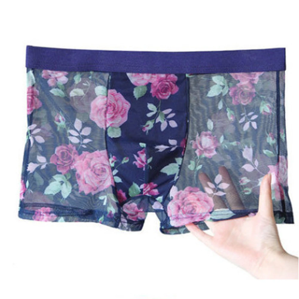 Men Mesh Floral Print Trunks Large Size Underwear Ultra-thin Transparent Briefs Breathable Swim Boxer Summer Elastic Lingerie