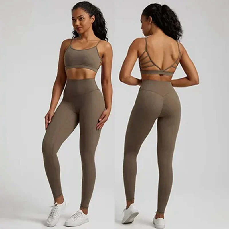 Women Gym Fitness Yoga Set Legging Back Cross Sport Bra Top 2pc Suit Comprehensive Training Jog Womencutout Tie Round Neck