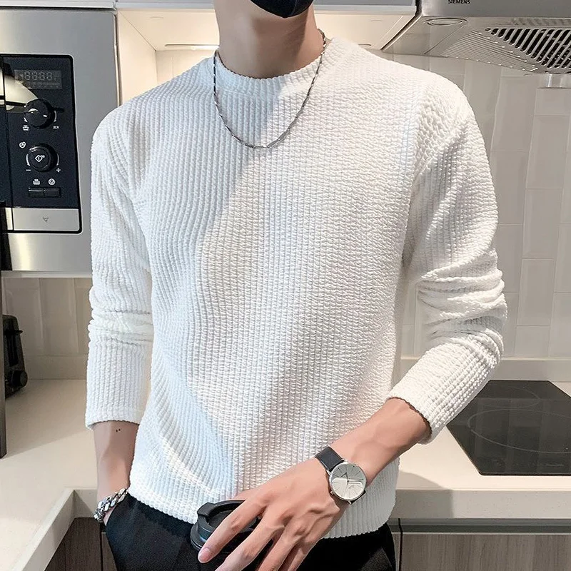 Spring Autumn New Solid Color Fashion Long Sleeve Sweatshirts Man High Street Casual Loose Waffler Pullovers Comfortable Tops