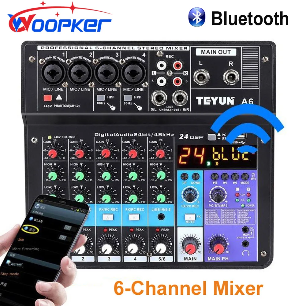 Professional 6 Channel Audio Mixer A6 Sound Mixing Console USB Input 48V Power for DJ Recording Studio