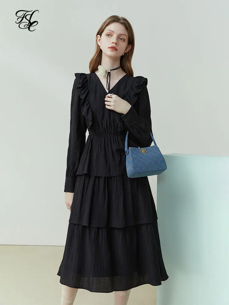 

FSLE Ruffle V-Neck Design 2023 Spring New Long-sleeved Dress Solid Color Temperament Women Mid-Calf Cake Skirt Dress For Women