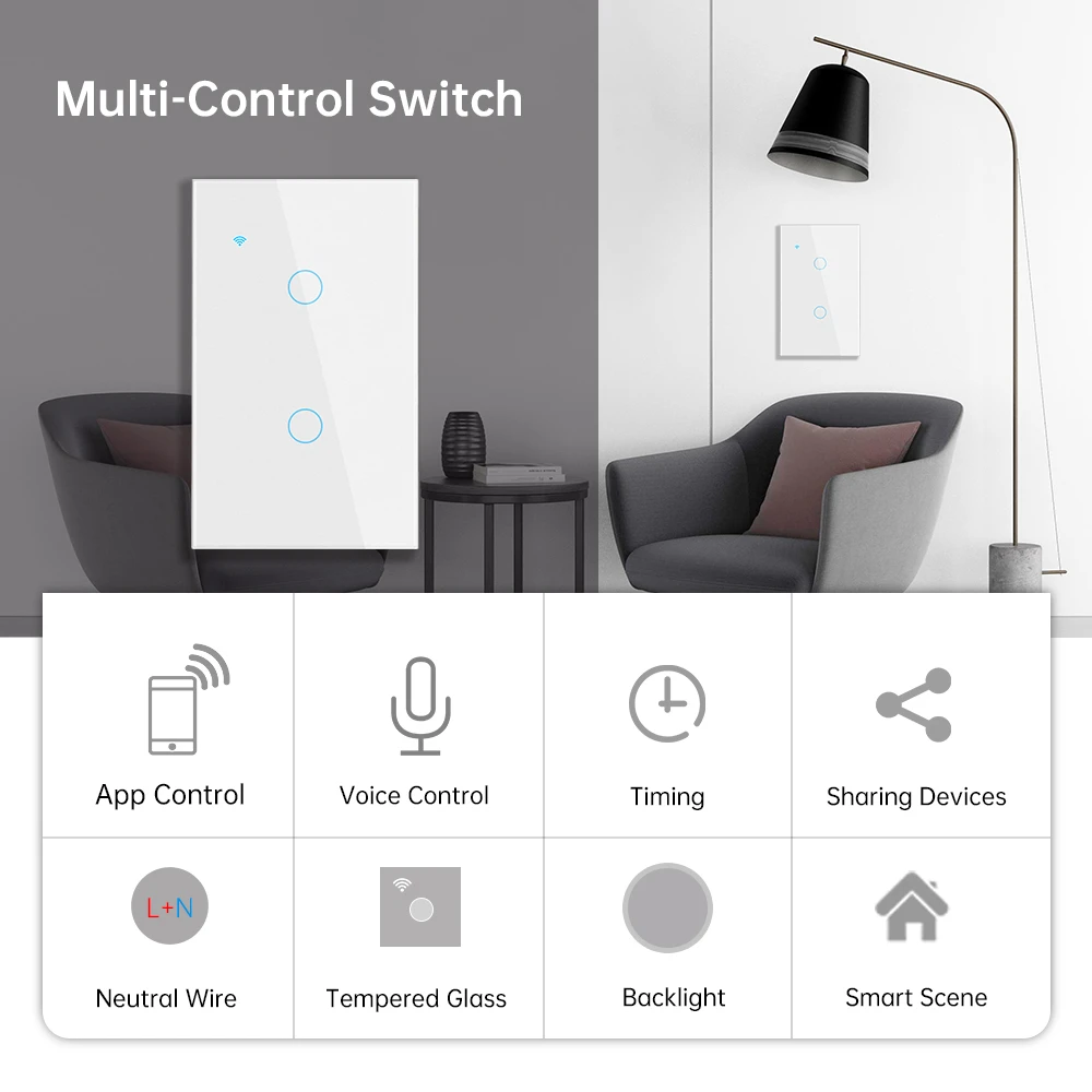 Tuya Smart Wifi US Touch Switch 1Gang 2Way Glass Panel Touch Switches 2Way Stairs Wall Switches For Smart Life Alexa Google Home