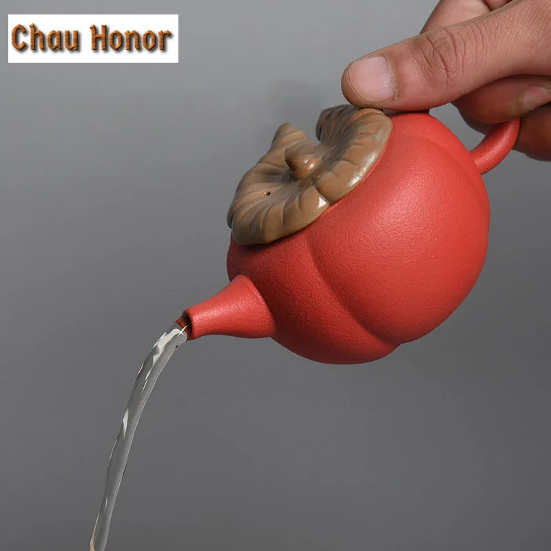 200ml Handmade Vermilion Persimmon Ceramic Teapot Retro Chinese Kung Fu Tea Gold Lid Small Master Pots As Wishes Gift Packaging