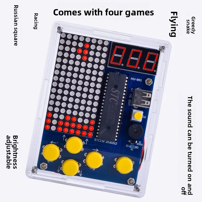 HU-001 픽셀 게임 콘솔 DIY 키트, 51개의 단일 칩 마이크로컴퓨터 테트리스 제작 전자 부품