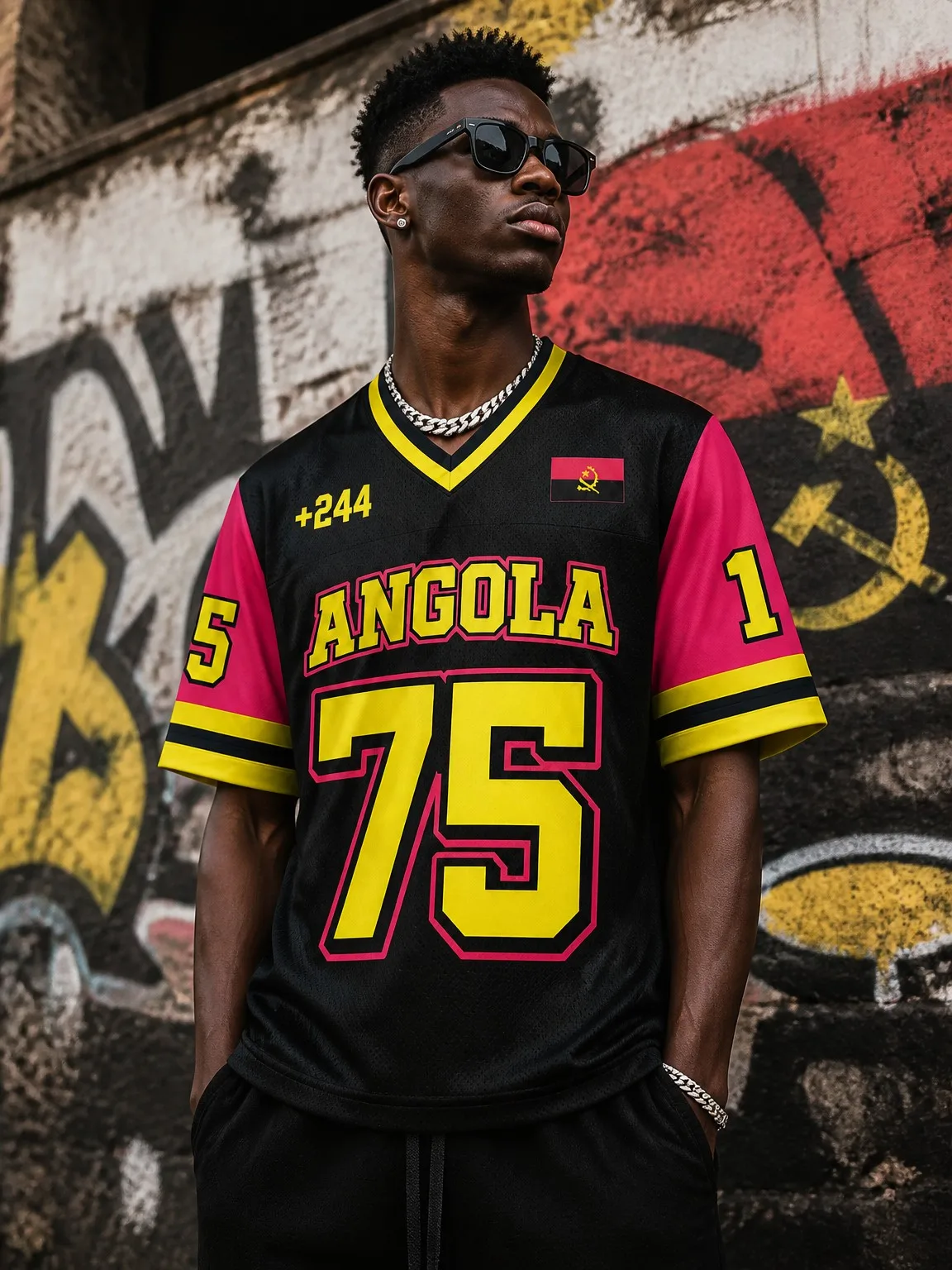 Afrikanischer Ethno-Stil Angola V-Ausschnitt Kurzarm-T-Shirt Herren Fußball-Stil Nummern-Print Street-Style Trikot Mode