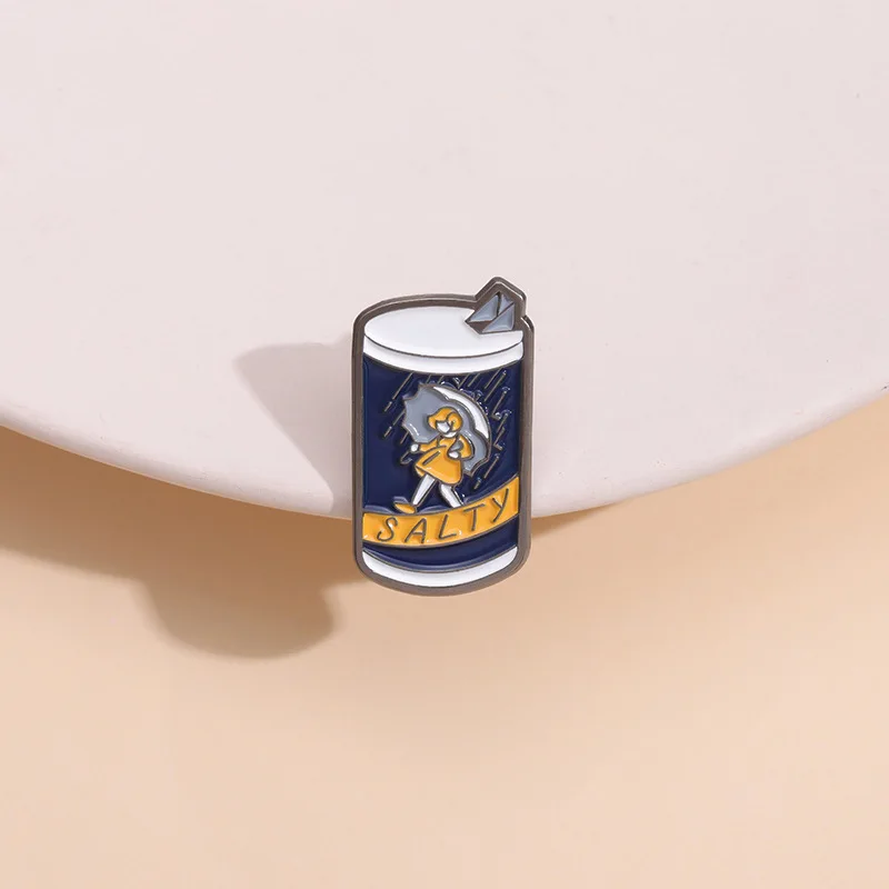 Creative Salty Can Enamel Brooch Pins Cute Anime Girl Holding Umbrella Advertisment Badge Metal Alloy Corsage Accessories Jewelr