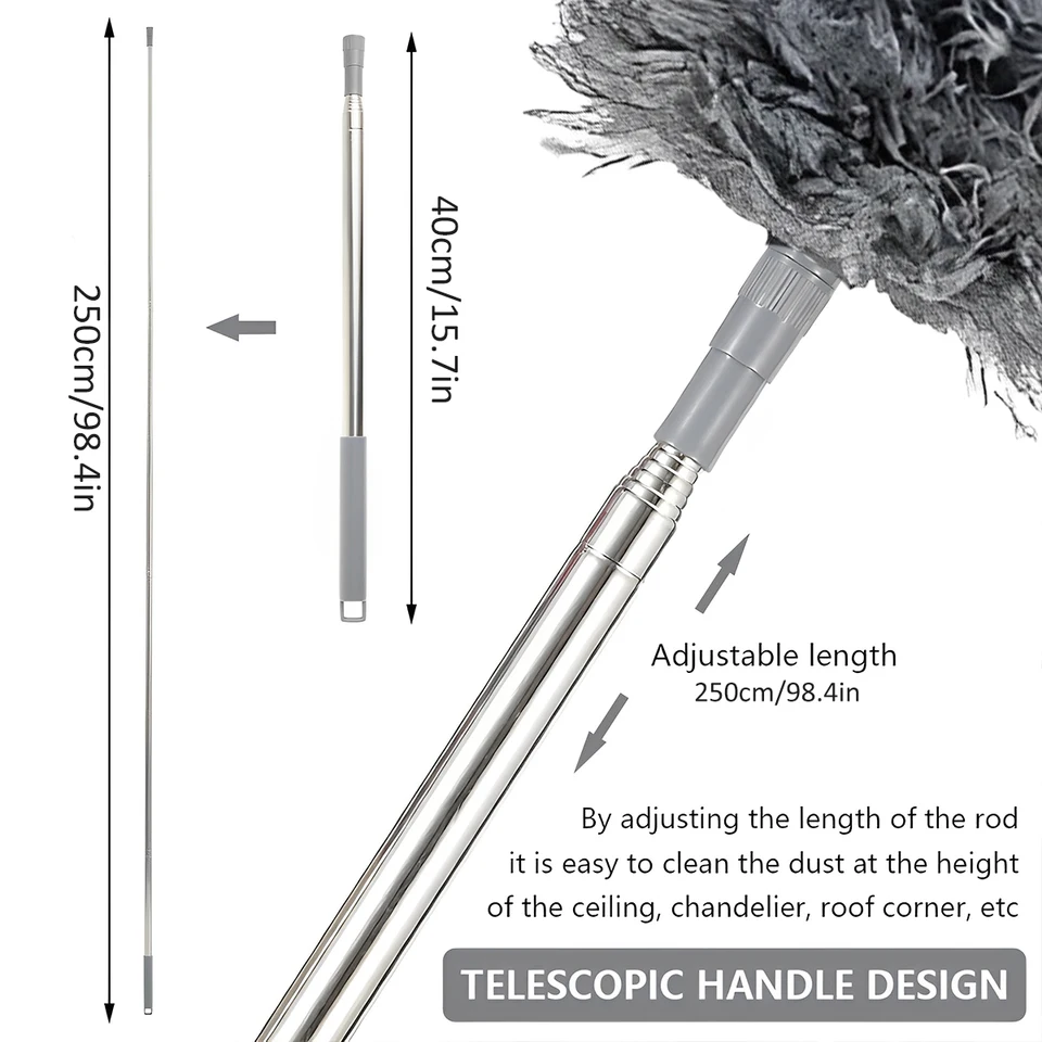 Plumeau Télescopique Extensible 1,5m à 4,9m - Nettoyez Plafonds, Fenêtres, Toiles D'araignée Sans échelle ! Tête Microfibre Lavable.