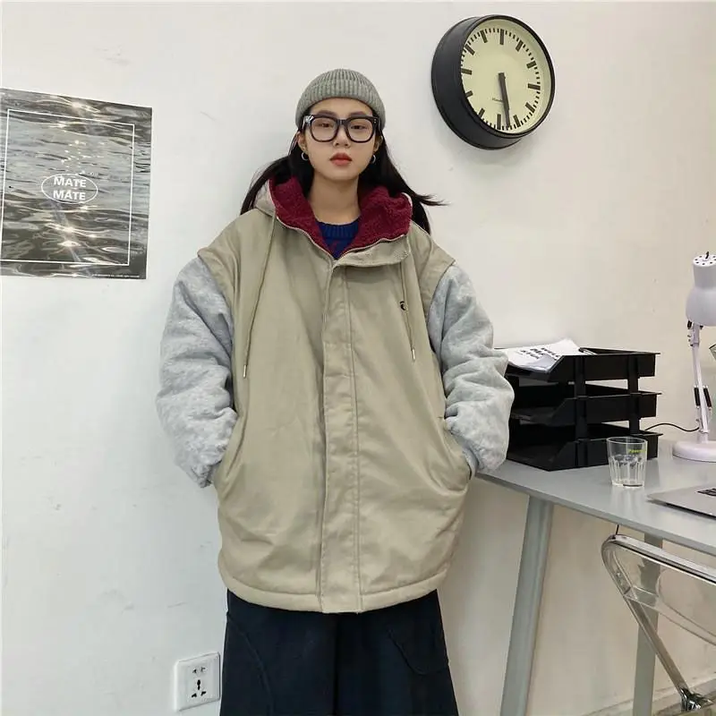 Winter Parka Jacket Women Long Sleeve Hooded Lamb's Wool Padded Thickened Jacket Fleece Lined Oversized Overcoat Coat