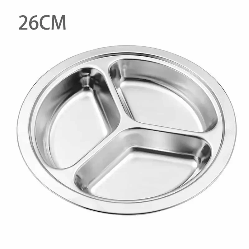 Dish Dinner Plate 1pcs Silver Stainless Steel 3 Sections Round Divided 22cm 24cm 26cm Snack Set Useful Practical stainless steel plates