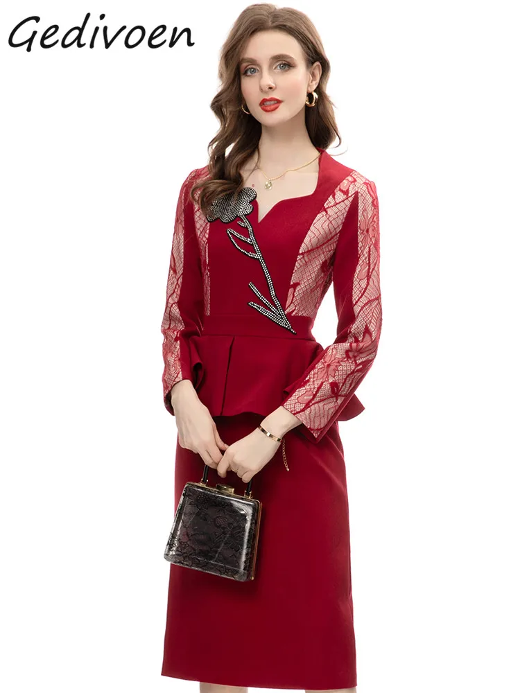 

Осеннее модное Дизайнерское черное винтажное платье Gedivoen, женское облегающее длинное платье с квадратным вырезом и кружевом со стразами