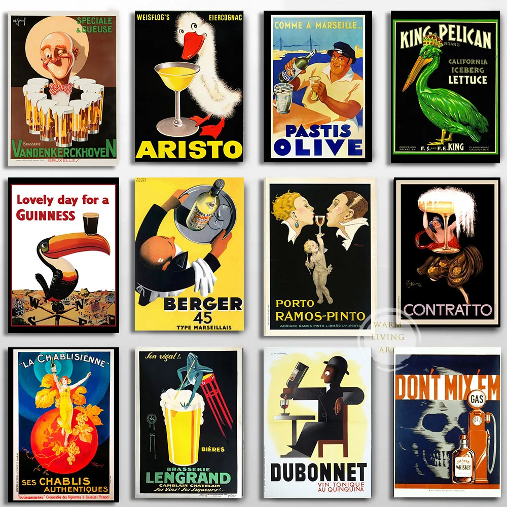 Vintage Francese Champagne Assenzio Campari Robette Drinks Adt Poster Wall Art Canvas Painting Picture Living Room Home Decor