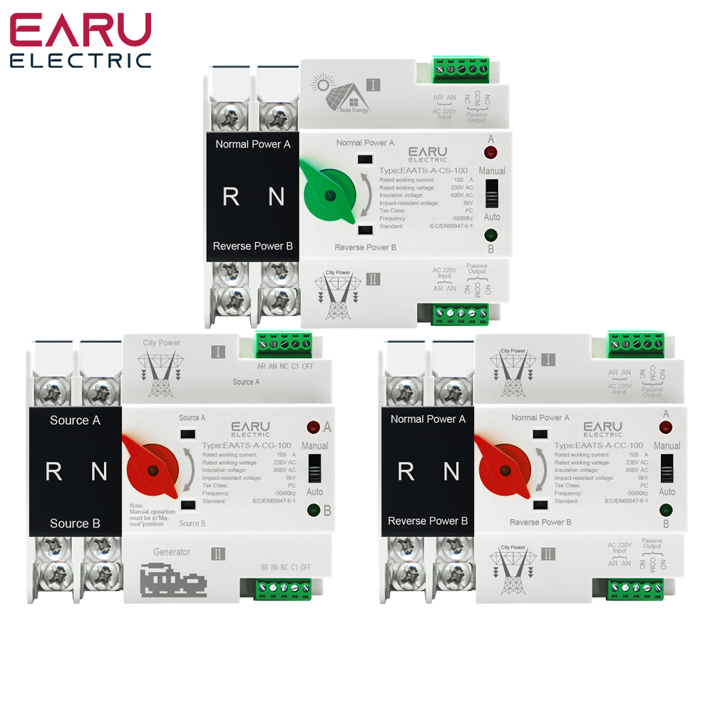 Single Phase Din Rail ATS PV 220V Dual Power Automatic Transfer Electrical Selector Switches Uninterrupted 2P 4P 100A  110V