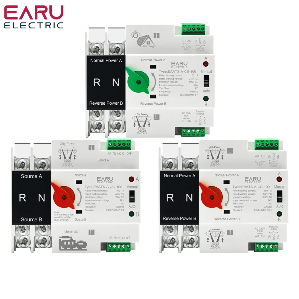 Interruptores Bondes do Seletor de Transferência Automática da Fase Monofásica Poder Ininterrupto Duplo Trilho do Ruído Ats Picovolt 220v 2p 4p 100a 110v