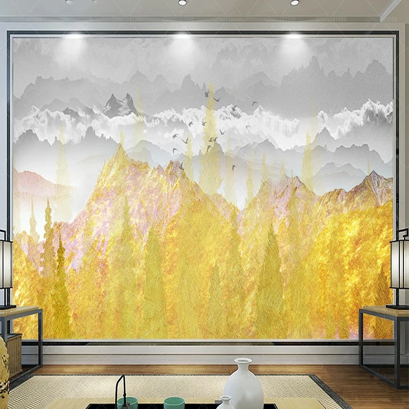 

Custom 3D Mural Golden Abstract Landscape Forest Birds Wallpaper Living Room Bedroom Study Home Decor Wall Paper Papel De Parede