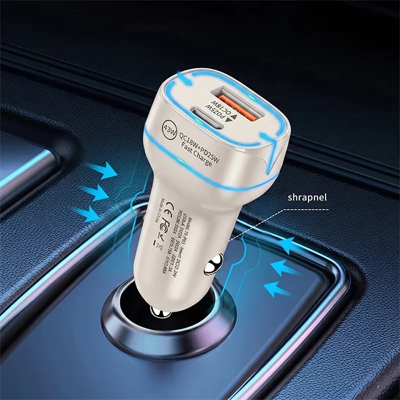 43W 고속 차량용 충전기 듀얼 포트 USB C PD 25W 및 QC 18W 타입 C 차량용 전원 어댑터 (블루 LED 라이트 포함) 아이폰 및 안드로이드용