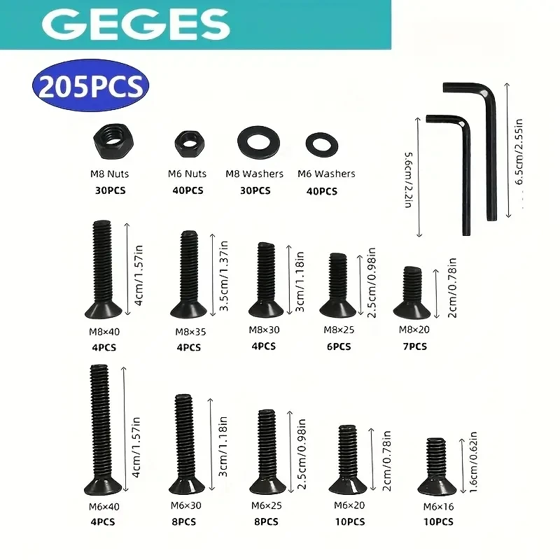 205 M6-M8 Countersunk screw and hex nut set, black flat head screw, metric hex socket screw, full thread