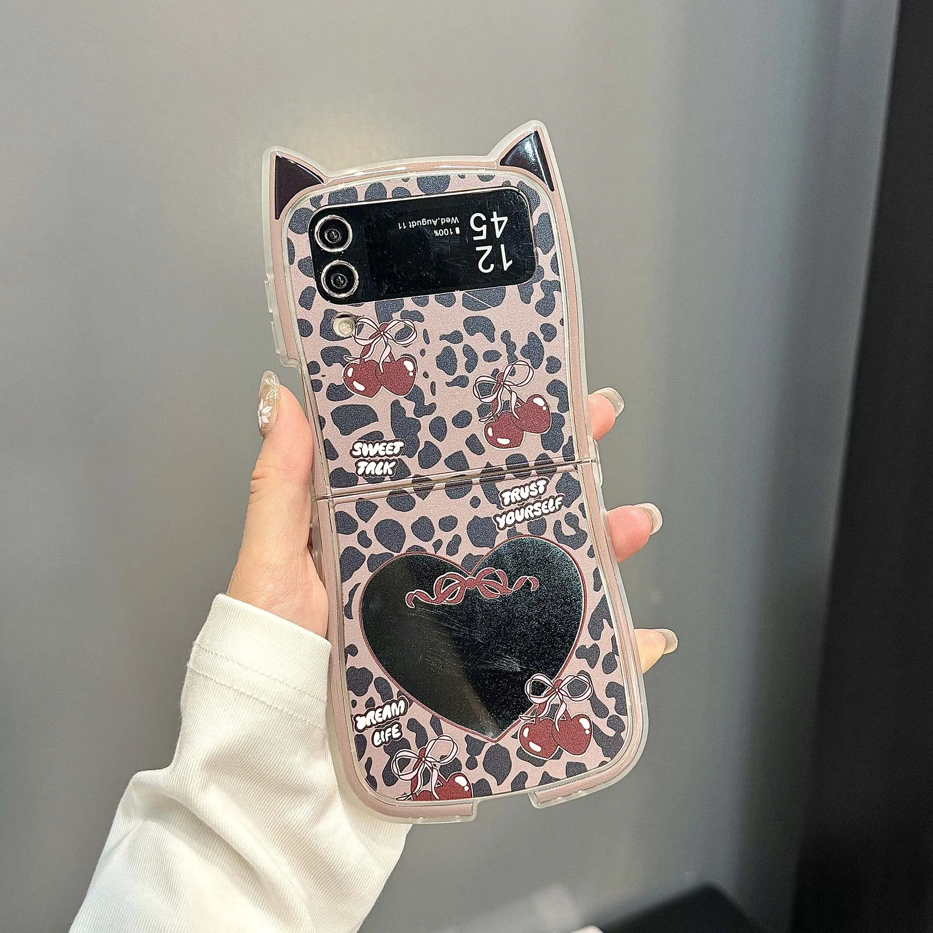 Charming 3D Cat Ear Love Mirror Case with Lanyard and Ballet Shoes Bow Back Cover