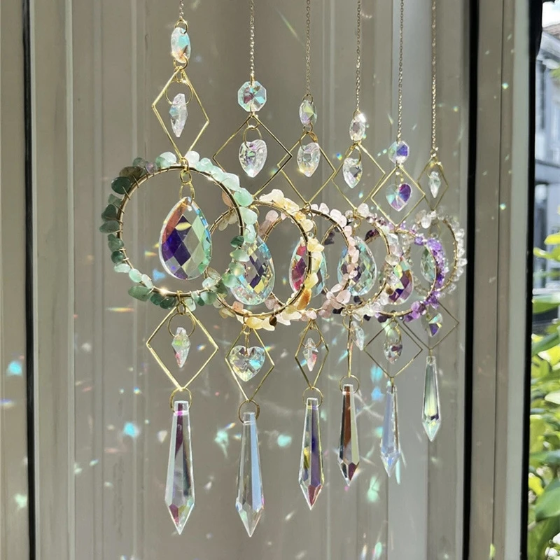 Crystal Sun Catcher Hanging Pendant Wind Chimes Chakra Artificial Agate Raw Stone Crystal Stained Glass Home Window Decoration