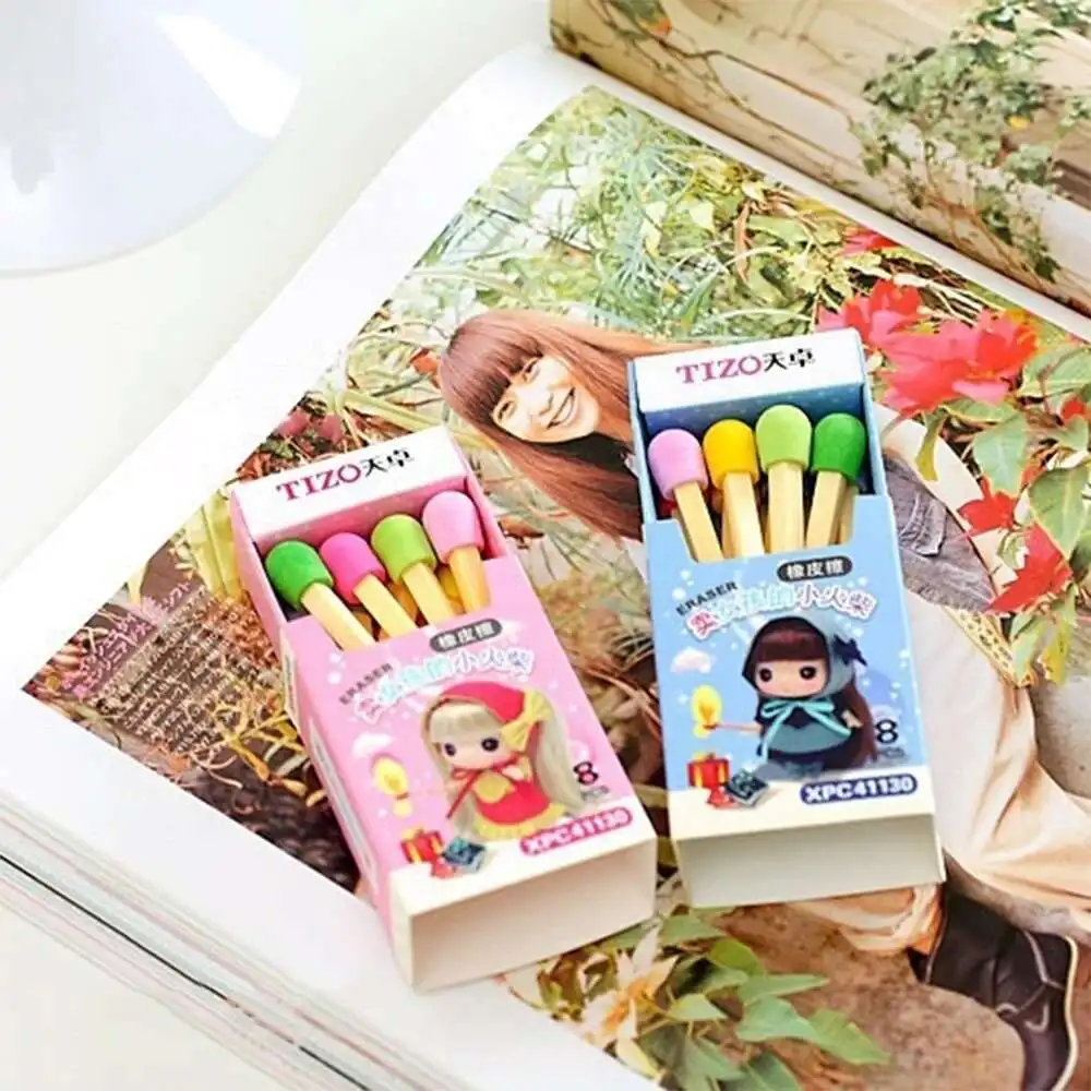 Kawaii Mini Matchstick School Stationery Supplies Lovely Rubber Creative Novelty Pencil Eraser 1 Box