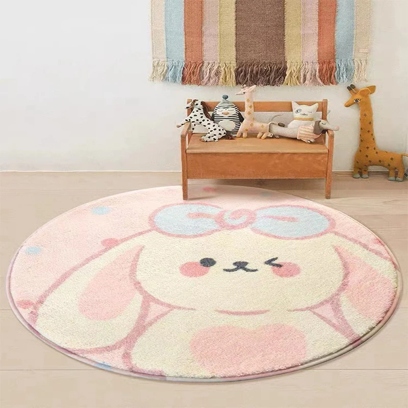 Cute Rabbit Round Rug Soft Fluffy Plush Carpets Bedroom Decor Bedside