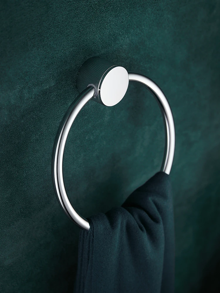 Silver bathroom all-copper towel ring non-punching ring round towel rack