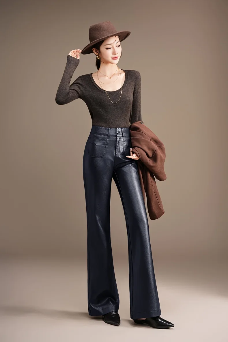 ZUZK Fashion Slimming Pu Leather Flare Pants New Women High Waist Flare Pants PU Leather Trousers Large Size Fashion Warm Pants 75 S4db54baba2c64eb2a0f580c4658dd6a2a