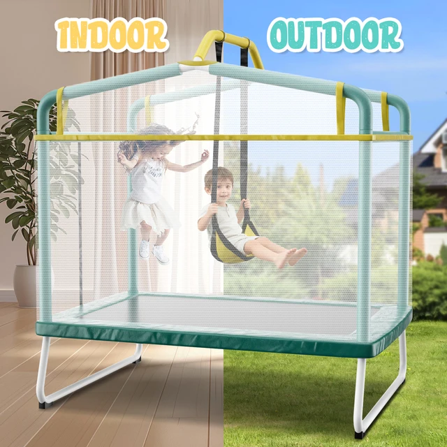 6FT Rectangle Trampoline for Small Spaces, 4-in-1 Kids Trampoline with Swing & Safety Enclosure Net, Ideal for Sensory Play & Indoor/Outdoor Use for Ages 3-8, ASTM Approved