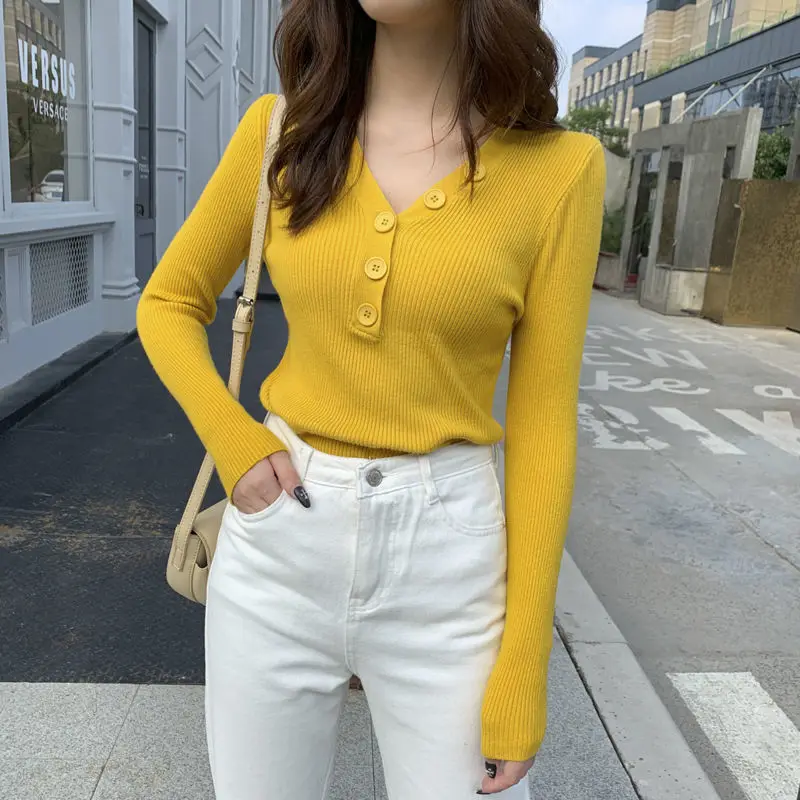 

Yellow Knit Girl Coat Button Pullover Low V Collar Sweater Women's T-shirt Sweaters Women Girl Pull Slim Top Cloth Shirt Clothes