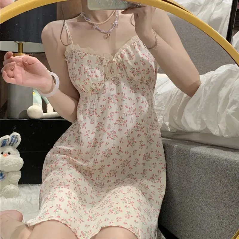 

Sexy Nightgown Dress Women Sweet Cute Floral Pajamas New Summer Sling with Chest Pads Thin Section Sleepwear Homewear New