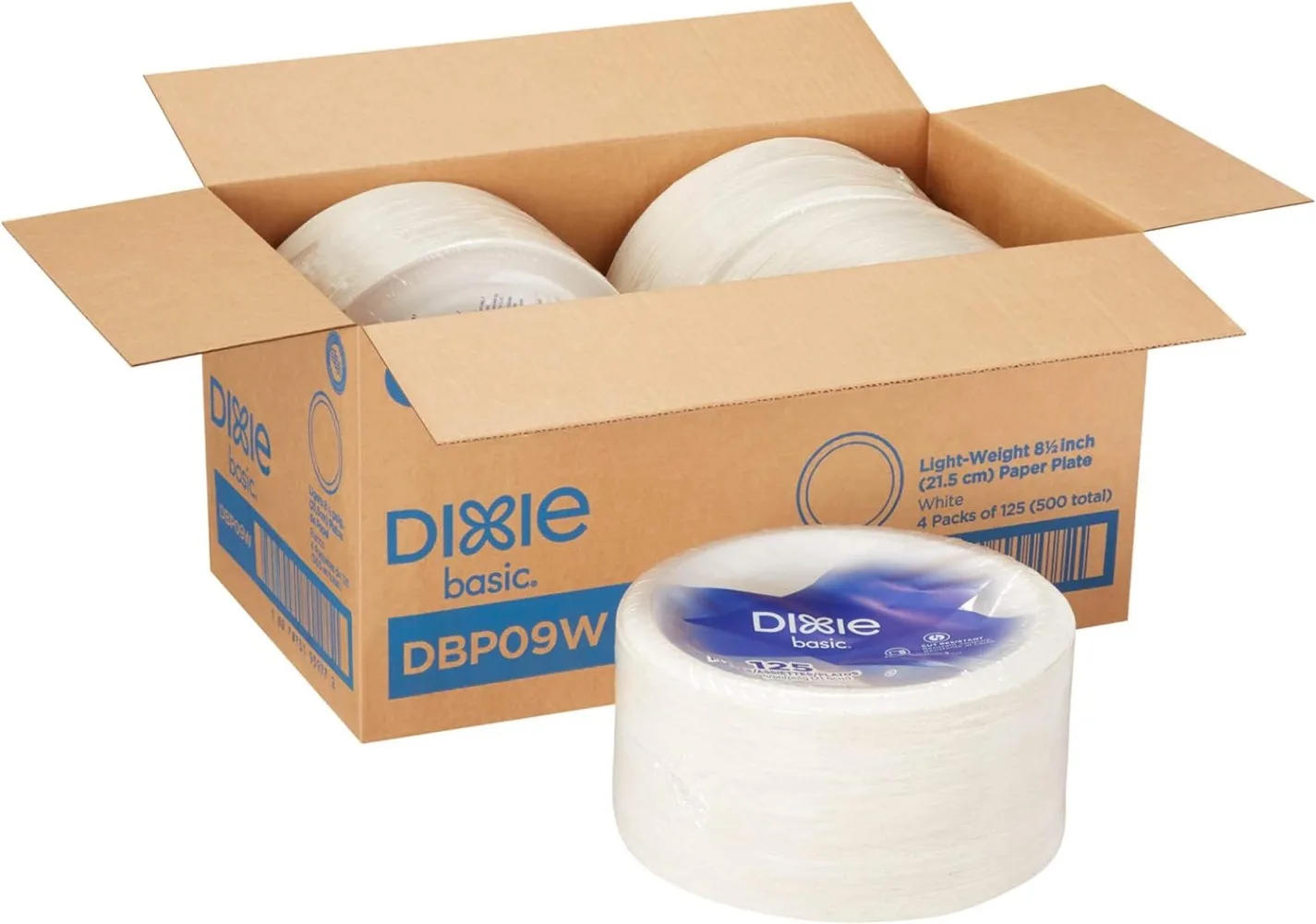 Dixie Basic 8.5" Light-Weight Paper Plates by GP PRO (Georgia-Pacific), White, DBP09W, 500 Count (125 Plates Per Pack