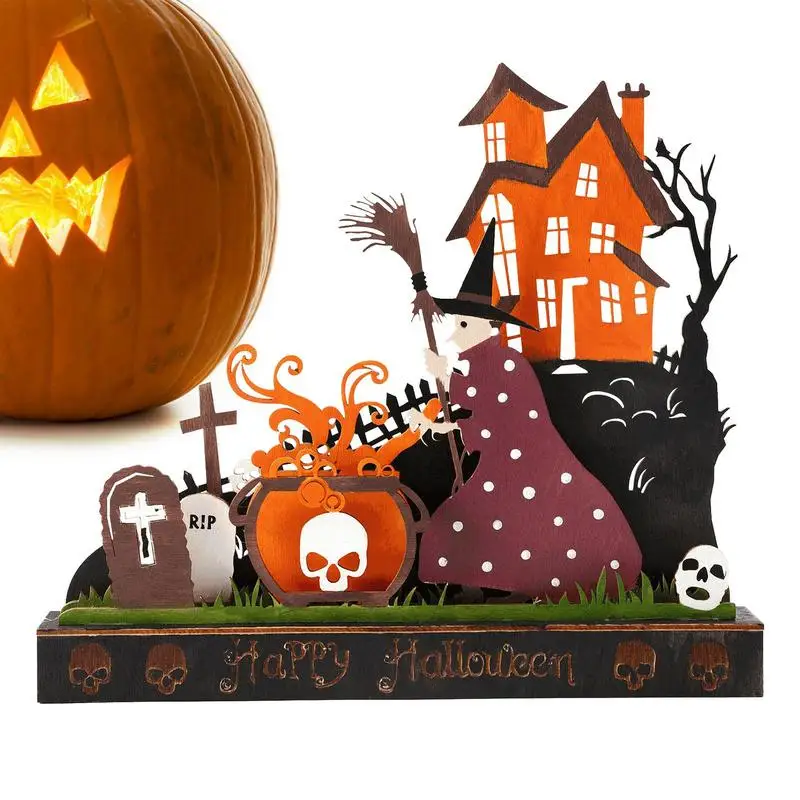 

Haunted House Figurine Wooden Pumpkin Witch Houses Decoration With Light Halloween Sign For Kitchen Not Scary Table Ornament 9.4
