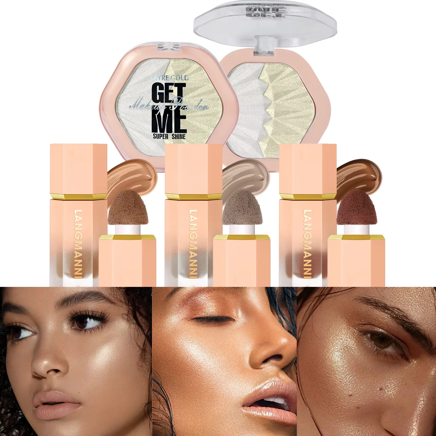 3-color facial contouring facial highlight combination base contouring liquid sponge elastic brush head portable
