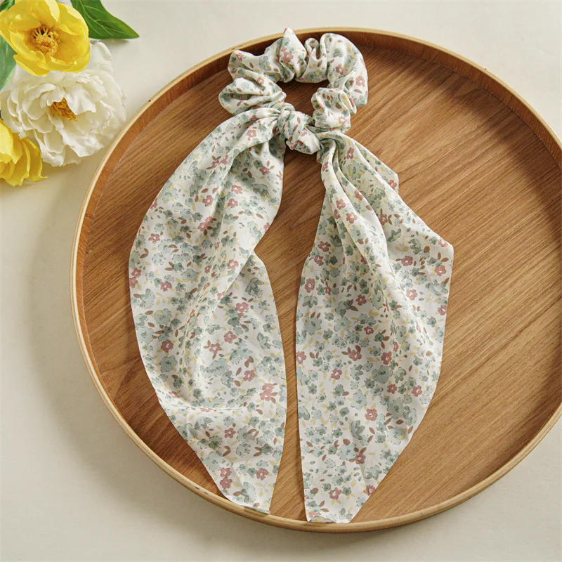 Floral Print Scrunchie Chiffon Bowknot Hair Ribbons For Women