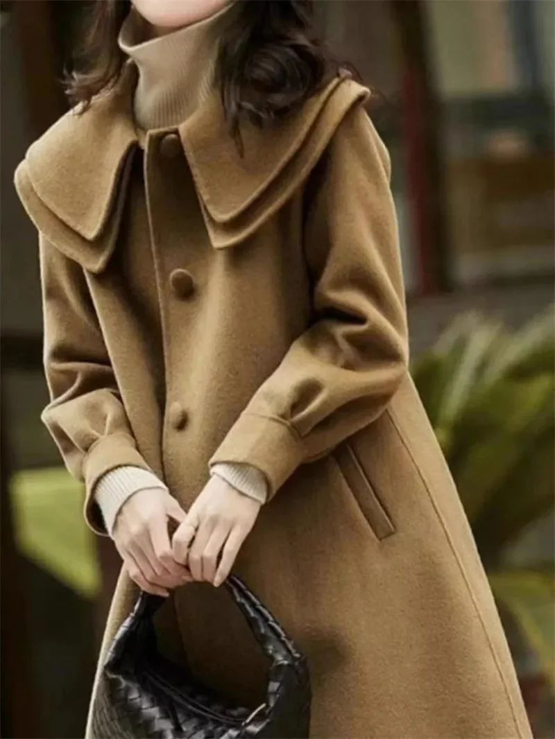 

Women's Wool Coat Autumn Winter Korean Doll Double Layered Collar Mid Length Single Breasted Femme Woolen Outerwear