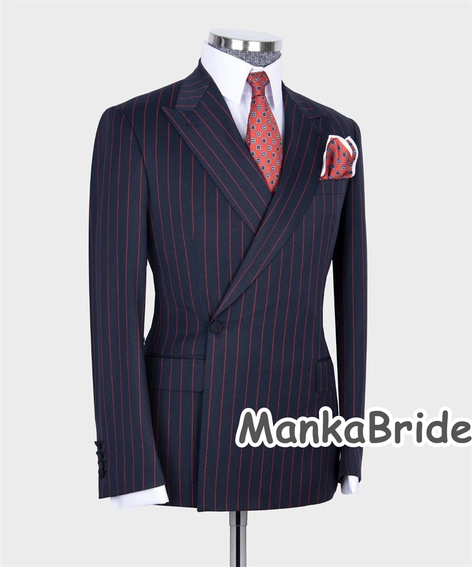 Navy Blue Striped Double Breasted Men's Suit 2pcs Blazer Pants for Wedding Groom Tuxedo Autumn/Winter Formal Business Wear Men Wedding Suits