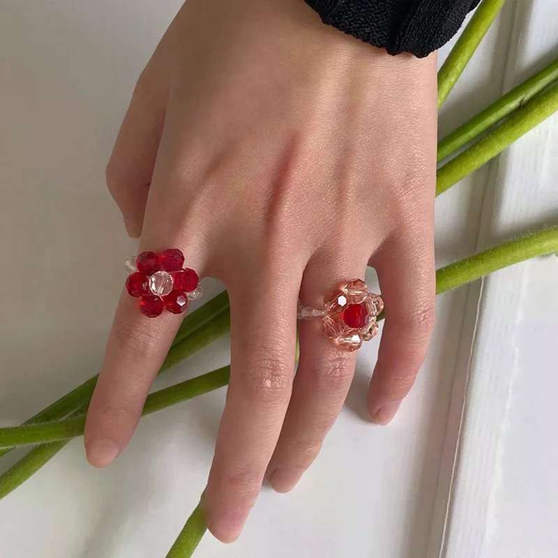 빈티지 크리스탈 비즈 꽃 탄성 반지 쌀알 비즈 수제 꽃 반지 여성용 보헤미안 쥬얼리 소녀 파티 선물