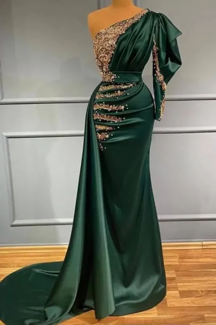 Dark Green Mermaid Evening Dress with Gold Lace Appliques Pearls Beads One Shoulder Pleats Long Formal Occasion Gowns 2