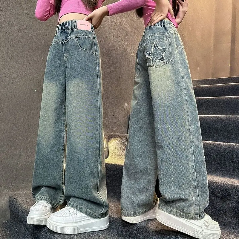 بنطلون جينز واسع الساق للفتيات لفصلي الربيع والخريف، خصر مرتفع، سروال طويل، ملابس أطفال، بنطلون دنيم للأطفال، نمط الزي المدرسي