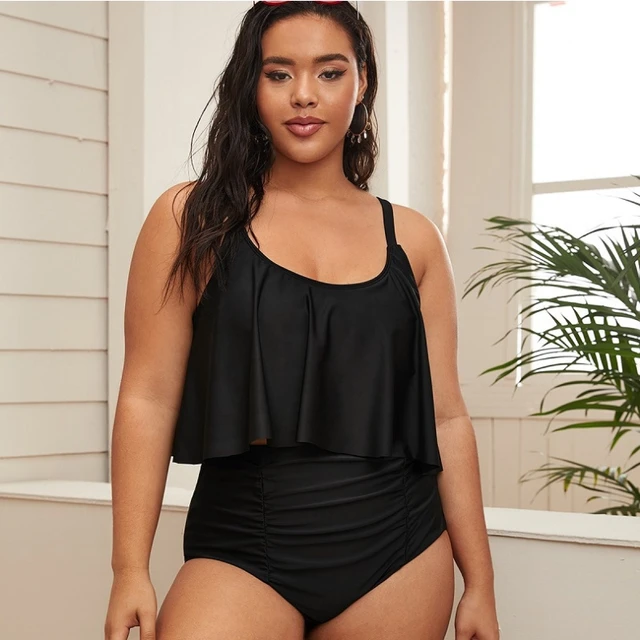 Plus Size Womens Tankini Swimwear Sleeveless Ruffles Swim Tops Camisole  High Waist Solid Color Panties Femme Swimwear Bikini Set - Two-piece Suits  - AliExpress