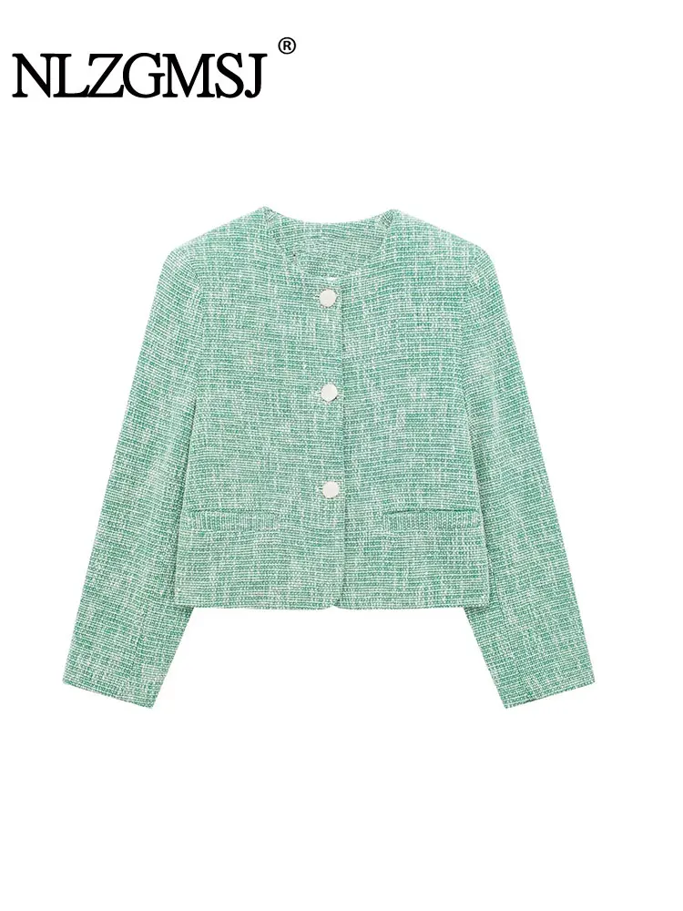 

Nlzgmsj TRAF 2023 Cropped Blazer Women Tweed Single Breasted Blazers Woman Long Sleeve Short Coats Women's Spring Jackets