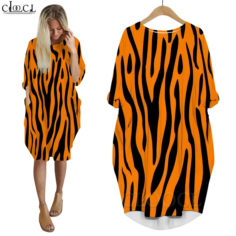 

CLOOCL Dresses Streetwear Tiger Skin Pattern Print Dress Long Sleeves Pullover Robe Femme Loose Casual Dresses Women Clothing