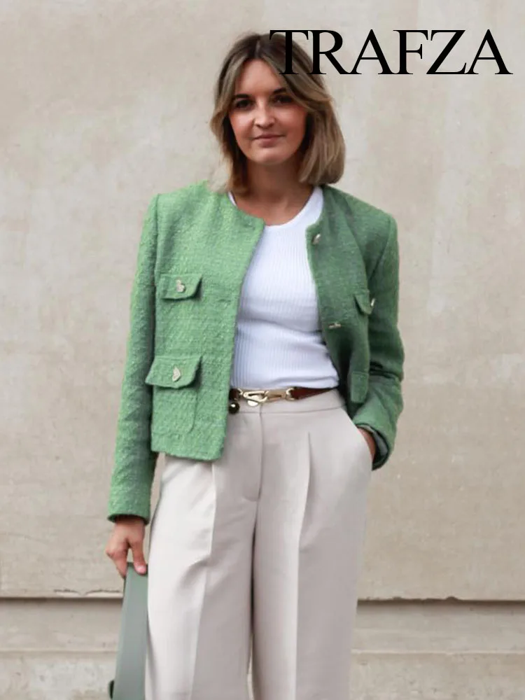 

Женская винтажная куртка с карманами TRAFZA, однотонная свободная короткая куртка из грубого плетения, 2023