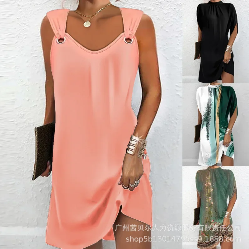 

V Neck Straight Dress Solid Color Elegant Watercolor Floral Mini Dresses Women Summer Short Sleeve Ruched Loose Vestidos