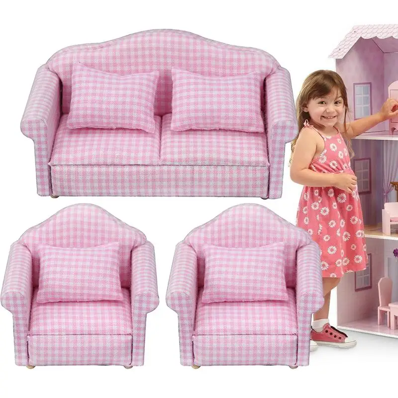 Doll House Sofa Pillow 1 12 Scale Miniature Sofa Arm Chair Wooden Fabric Armchair Miniature Furniture Toy for Kids House